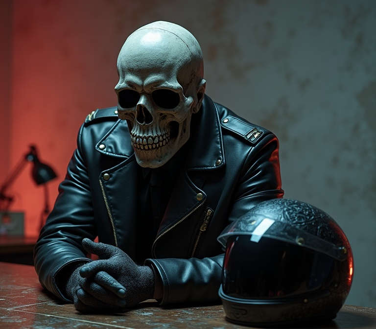 Prompt: a man in a leather jacket and a skull mask sitting on a table with a motorcycle helmet on it, Daryush Shokof, aestheticism, cyberpunk style, an album cover