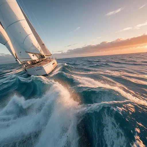 Prompt: Capture the thrill of the open sea, from serene sailing at sunset to dramatic ocean races. Use AI to depict majestic sailboats, crashing waves, and breathtaking maritime scenes.