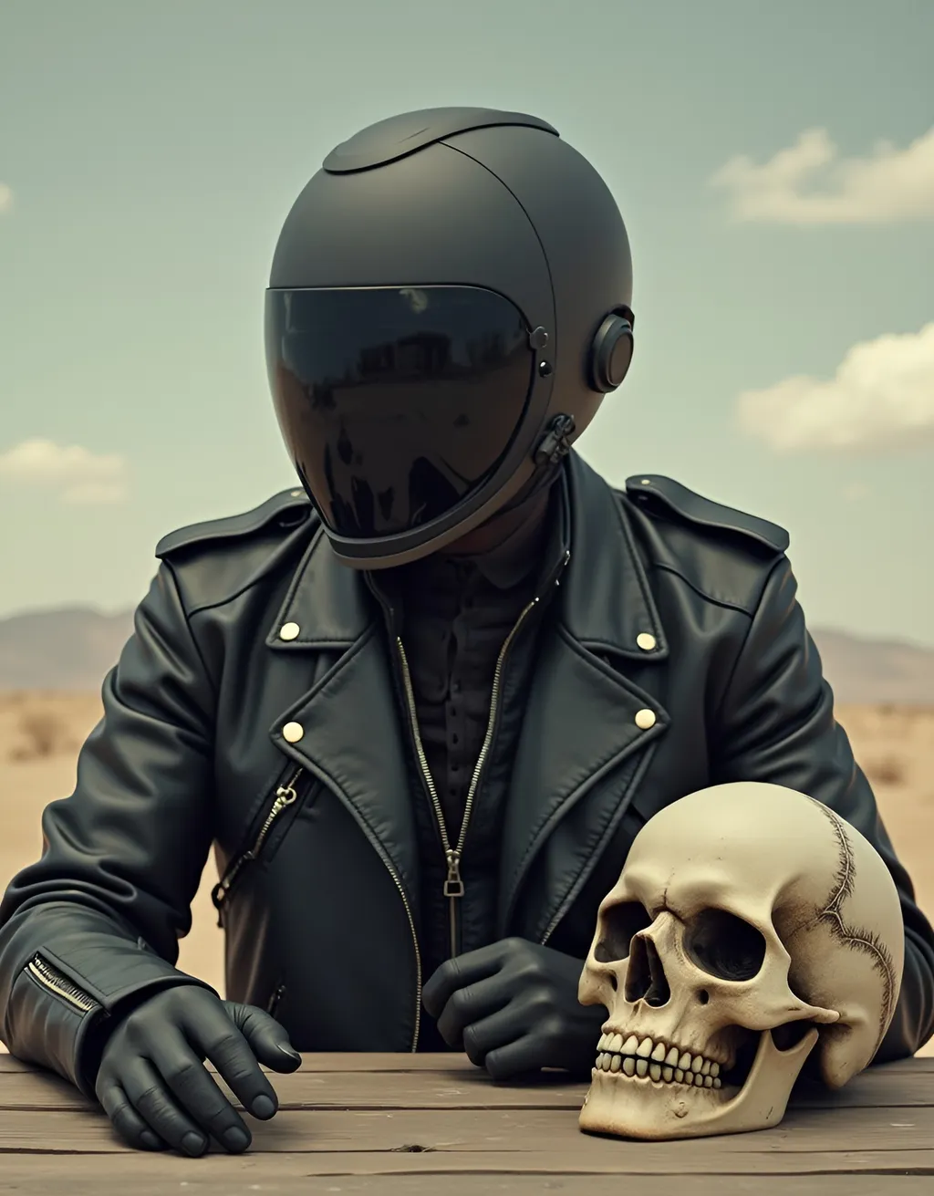 Prompt: a man in a leather jacket and helmet sitting next to a skull mask on a table with a sky background, Enki Bilal, panfuturism, album cover, an album cover