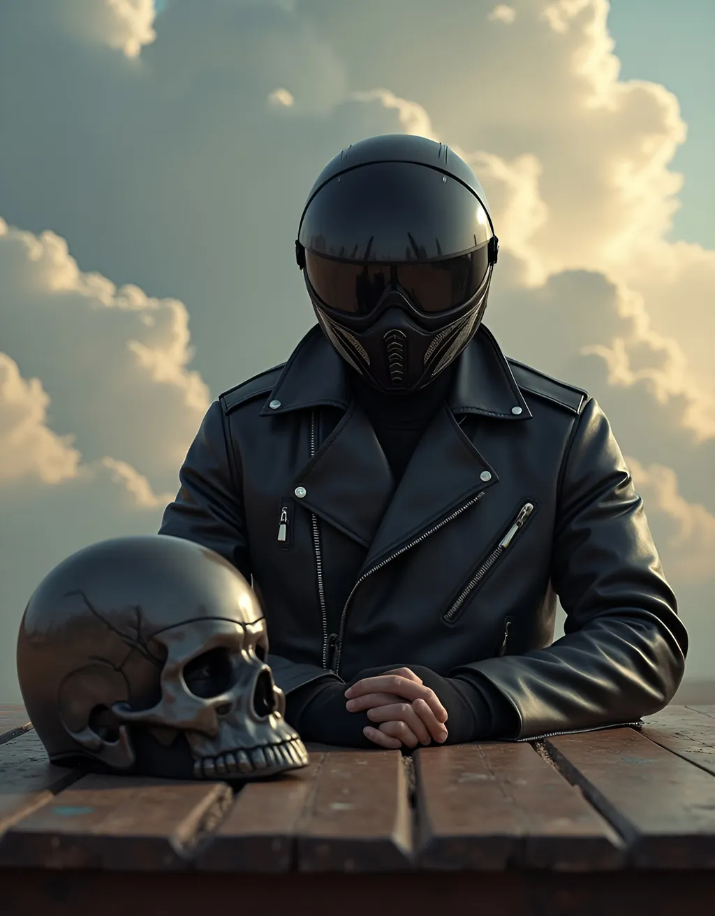 Prompt: a man in a leather jacket and helmet sitting next to a helmet with  skull mask on a table with a dramatic clouds background, panfuturism, album cover, an album cover