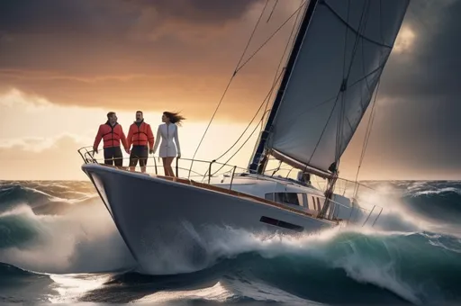 Prompt: Scared man and woman 
on a luxury yacht sailing in open sea,   at sunset in a dramatic ocean race  crashing waves, with a stormy with thunder scenes.