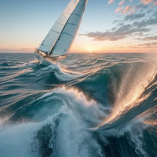 Prompt: Capture the thrill of the open sea, from serene sailing at sunset to dramatic ocean races. Use AI to depict majestic sailboats, crashing waves, and breathtaking maritime scenes.