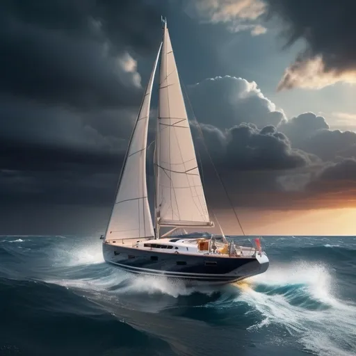 Prompt: Luxury yacht sailing in open sea,  serene sailing at sunset in a dramatic ocean race  crashing waves, with a stormy with thunder scenes.
