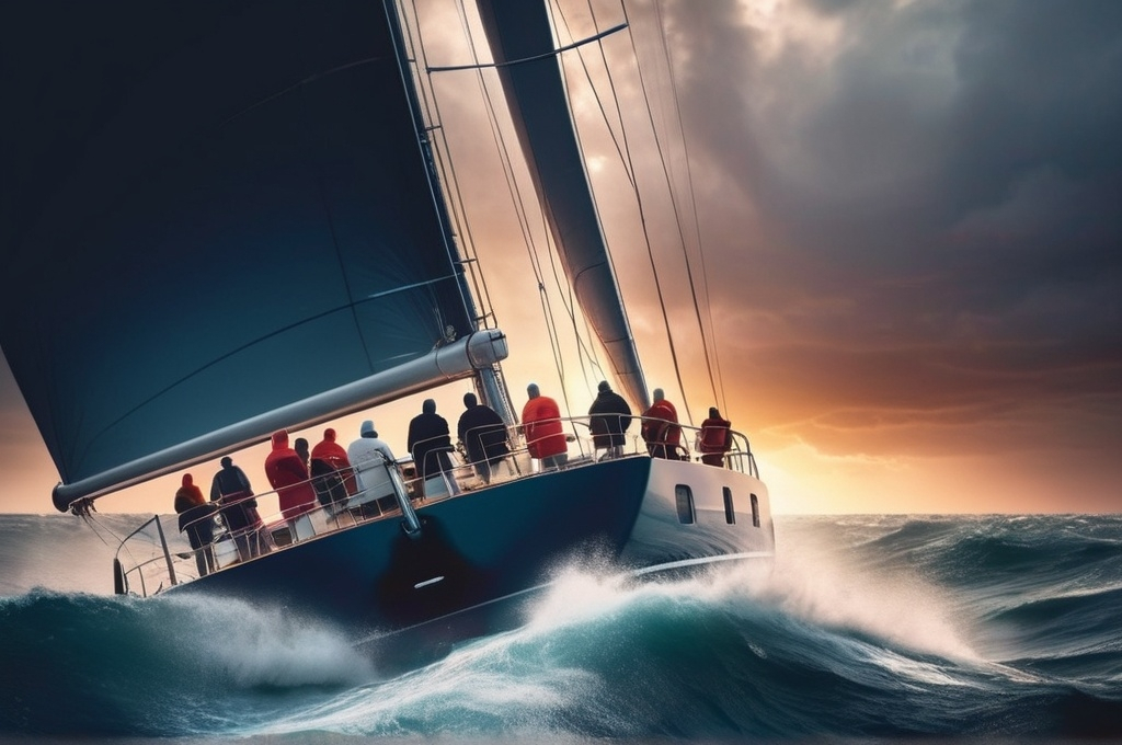 Prompt: Scared people on a luxury yacht sailing in open sea,   at sunset in a dramatic ocean race  crashing waves, with a stormy with thunder scenes.