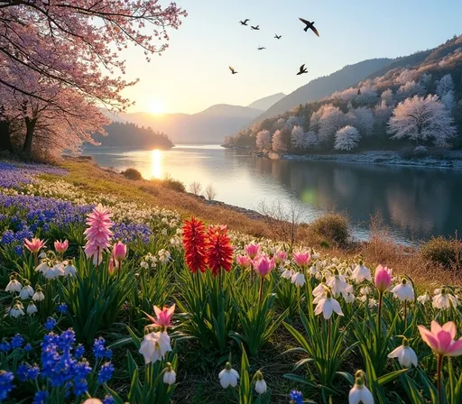 Prompt: hills with blooming snowdrops, red hyacinths, pink hyacinths, bluebells and daffodils, among blooming cherry trees, in the sunlight at sunset blue hour, on the lake shore, with swallows in flight and snow