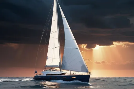 Prompt: Luxury yacht sailing in open sea,  serene sailing at sunset in a dramatic ocean race  crashing waves, with a stormy with thunder scenes.