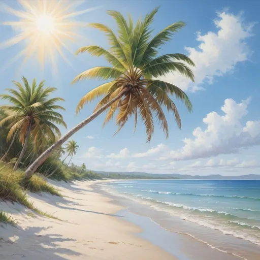 Prompt: a vibrant summer scene: The sky is a brilliant blue canvas painted with wispy clouds. The sun, a golden orb, hangs high, casting its warm rays over a lush landscape. Tall, swaying palm trees line a pristine sandy beach, their fronds rustling gently in the ocean breeze.

The beach stretches out for miles, its soft white sand inviting barefoot wanderers to stroll along the water's edge. The crystal-clear waves lap against the shore, creating a soothing melody that fills the air. 