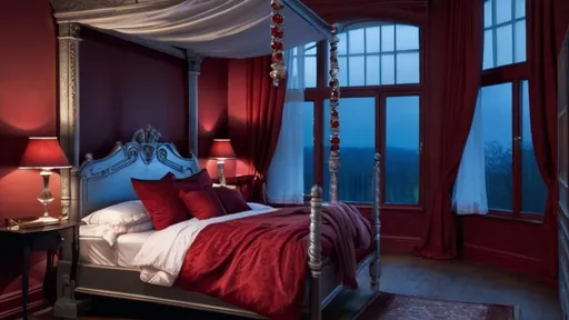 Prompt: A sultry and romantic bedroom at night. A fluffy and comfortable fourposter bed dominates the room and is covered in a crimson duvet. The room has warm hues while bluish silver moonlight streams in the window.