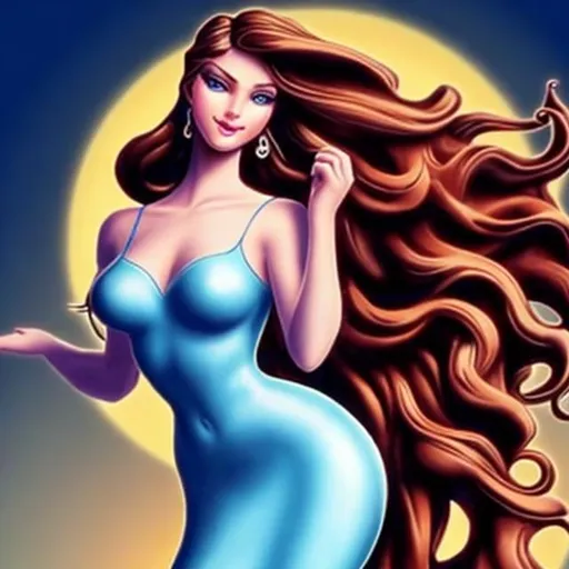 Prompt: Curvy Aphrodite in a tight royal dress. She is tall and elegant with long thick hair and her waist is absurdly small. Her eyes are filled with vibrant colours. She dances hypnotizing.