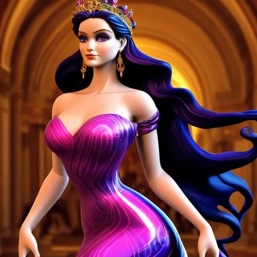 Prompt: Curvy Aphrodite in a tight royal dress. She is tall and elegant with long thick hair and her waist is absurdly small. Her eyes are filled with vibrant colours. She dances hypnotizing.