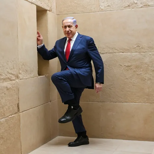 Prompt: Make Netanyahu lean on the wall with 1 leg