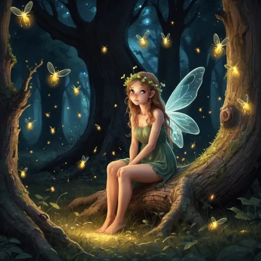 Prompt: warm summer night, cool breeze, fireflies in the trees, in a ancient oak forest. cute forest fairy at the base of a tree trunk
make it more evil, make it more sensual

