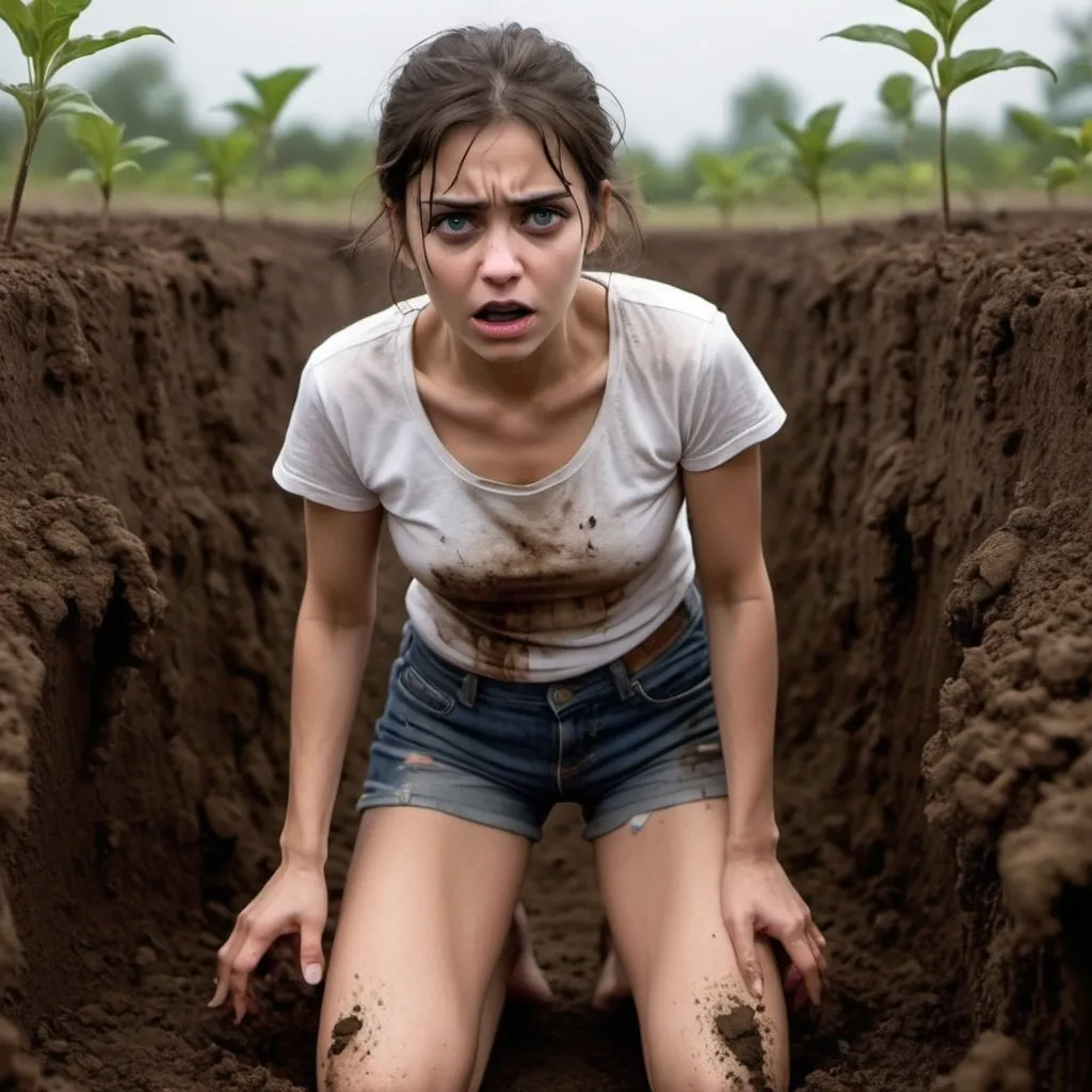 Prompt: with deep fear in her eyes, she is wearing tiny shorts and a small shirt, she freezes in fear as the soil beneath her moves and shakes, a rotten hand emerges from the ground 

