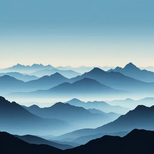 Prompt: Landscape with multiple ranges of mountains, silhouette, light blue hue
