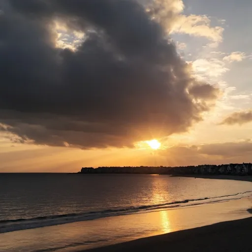 Prompt: sunset but the sun is behind clouds and the clouds shyning because of the sun and there is beach with homes