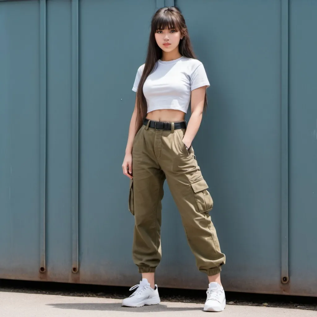 Prompt: 22-year-old girl with a height of 160cm, long hair and bangs. Wearing a croptop top and cargo pants. Full body, and wear shoes