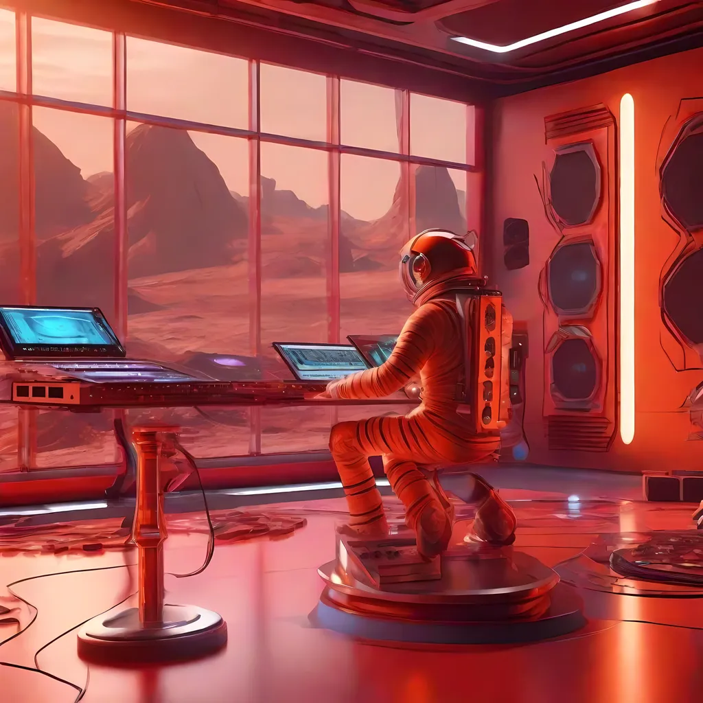 Prompt: Music studio on planet Mars, realistic 3D rendering, futuristic setting, hi-tech equipment, red and orange color tones, dramatic lighting, astronaut DJ mixing music, holographic instruments, Martian landscape in the background, futuristic cityscape, ultra-detailed, professional, realistic, futuristic, hi-tech, dramatic lighting, red and orange tones, 3D rendering, astronaut DJ, holographic instruments