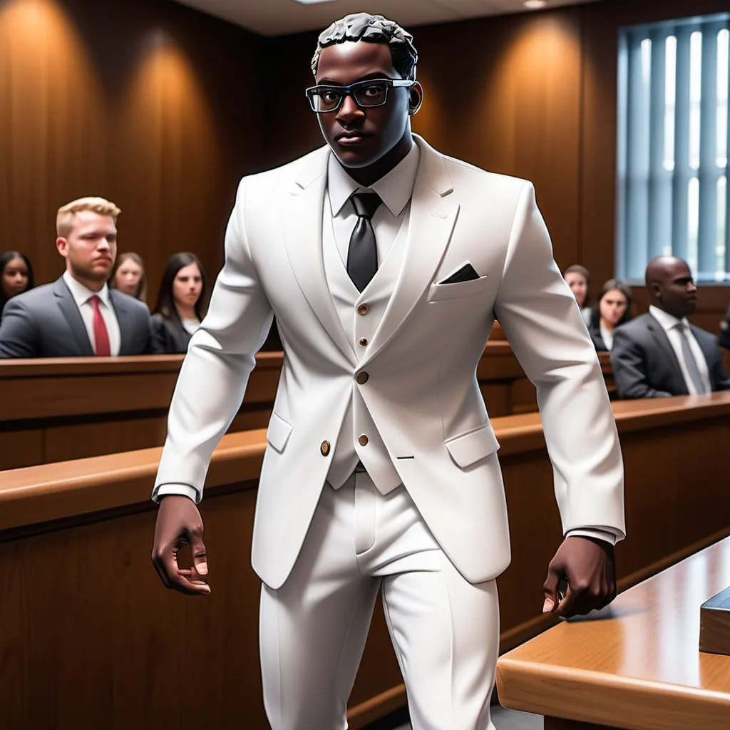 Prompt: Fortnite african american in white suit inside if court