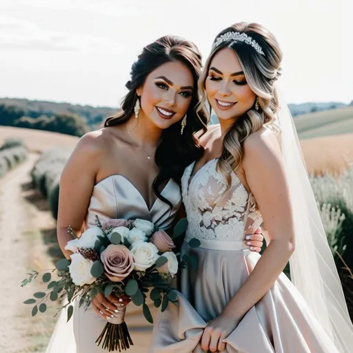 Prompt: Professional full length photography of a young bride and her maid of honour; with very long dark hair flowing down the middle of the back, a round face, highlighted cheeks, a small nose, big eyes, long eyelashes, thin eyebrows, full plump lips, long pointed nails and a slim body; with bright cream eyeshadow, thick eyeliner, highlighted contour, blush on the cheeks, thick lip liner, cream lipstick and opaque nail polish;