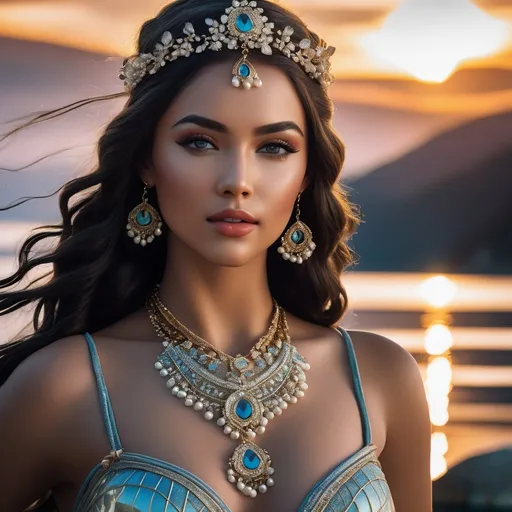 Prompt: Full body length lifelike picture (professional photograph) of a young nereid posing sensually on the shore of a crystalline lake(ultra-realistic) (ultra-detailed background, detailed background, realistic background); long hair styled style, shiny eyeshadow, eyeliner, shiny lipstick (ultra-detailed makeup, detailed makeup), (ultra-detailed face, detailed face, human face), very voluptuos prosperous chest (ultra-detailed chest), enhanced hourglass figure (ultra-detailed figure, detailed figure, realistic body), (realistic hands, ultra-detailed hands, realistic hands proportion, realistic thumbs), ((balanced body proportions)); wearing a lake nereid outfit (ultra-detailed outfit, detailed outfit, realistic outfit); 