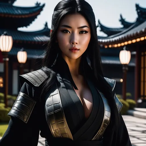 Prompt: Full body length lifelike picture (professional photography) of a young female ninja assassin walking stealthily at night in the garden of a lord's palace (ultra-realistic) (ultra-detailed background, detailed background, realistic background); long hair styled style, smokey eyeshadow, eyeliner, matte lipstick (ultra-detailed makeup, detailed makeup), (ultra-detailed face, detailed face, human face), very voluptuos prosperous chest (ultra-detailed chest), enhanced hourglass figure (ultra-detailed figure, detailed figure, realistic body), delicate hands, with nail polish (realistic hands, ultra-detailed hands, realistic hands proportion, realistic thumbs, realistic fingers), ((balanced body proportions)); wearing a black ninja's outfit (ultra-detailed outfit, detailed outfit, realistic outfit); 