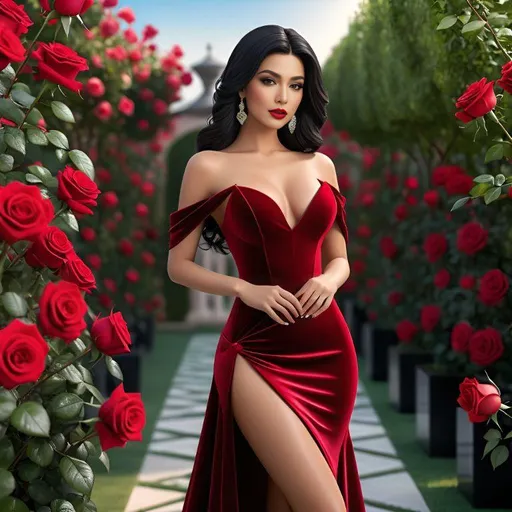 Prompt: Full body length lifelike picture of a young woman posing sensually in a lush rose garden (ultra-realistic) (ultra-detailed background, detailed background, realistic background); long styled black hair, red smooky eyeshadow and red lipstick (ultra-detailed makeup, detailed makeup), (ultra-detailed face, detailed face, human face), very voluptuos prosperous chest (ultra-detailed chest), enhanced hourglass figure (ultra-detailed figure, detailed figure, realistic body), (realistic hands, ultra-detailed hands, realistic hands proportion, realistic thumbs), ((balanced body proportions)); wearing an elegant red rose inspired evening dress and holding a rose in her hand (ultra-detailed outfit, detailed outfit, realistic outfit); 