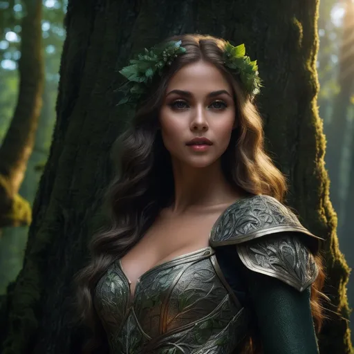 Prompt: Full body length lifelike picture (professional photograph) of a young dryad posing sensually leaning against the trunk of a centuries-old oak tree in a lush forest on a summer night (ultra-realistic) (ultra-detailed background, detailed background, realistic background); long hair styled style, shiny eyeshadow, eyeliner, shiny lipstick (ultra-detailed makeup, detailed makeup), (ultra-detailed face, detailed face, human face), very voluptuos prosperous chest (ultra-detailed chest), enhanced hourglass figure (ultra-detailed figure, detailed figure, realistic body), (realistic hands, ultra-detailed hands, realistic hands proportion, realistic thumbs), ((balanced body proportions)); wearing a forest-toned outfit (ultra-detailed outfit, detailed outfit, realistic outfit); 