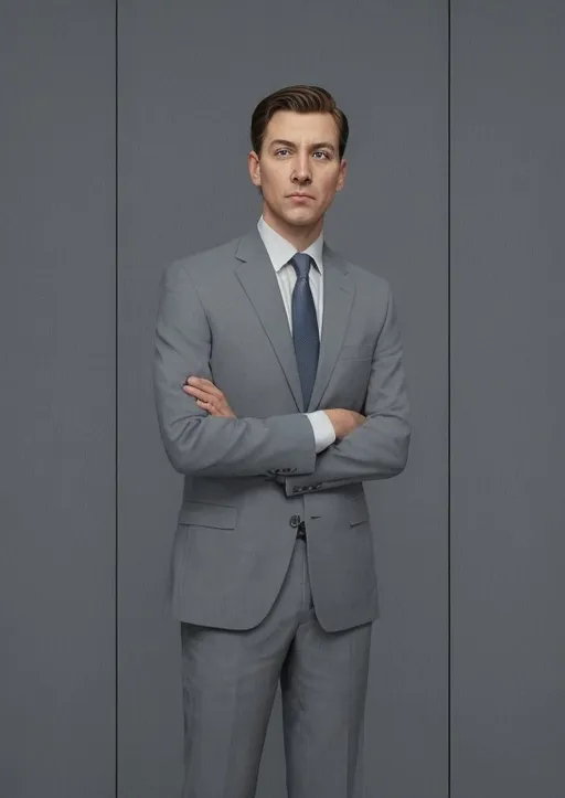 Prompt: Dressed sharply in a light gray suit over a blue shirt, a confident individual stands with his hands clasped in front of him, exuding an aura of professionalism. His expression is relaxed yet self-assured, hinting at a friendly demeanor. Behind him, a background of vertical gray panels is complemented by a prominent blue and white flag, suggesting a formal setting, possibly a government or official event. The artistic style provides a caricatured yet polished depiction, with smooth lines and a limited color palette that emphasizes the subject while maintaining a clean visual appeal. Overall, the image captures a moment of poised assurance, likely conveying themes of leadership and authority.