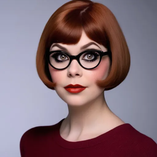 Prompt: Pretty Velma Dinkley, smoky eye makeup and a dramatic eyeliner, which changes her look to one of desirable allure. wine-red lipstick on Velma's lips. The transformation makes Velma's eyes appear larger and more alluring, and the lip color evokes the same shade, adding to the evocative tension.