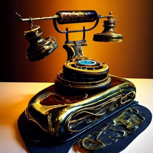 Prompt: Create a work with melted telephones like Salvador Dali's persistence of memory style