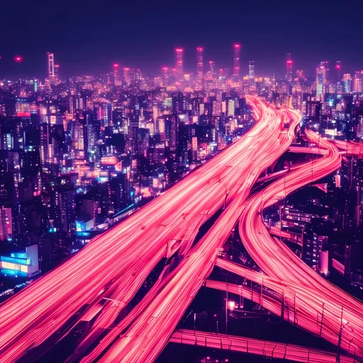 Prompt: Night scene of Japanese cityscape with highway, futuristic buildings, high quality, neon-lit, anime, cyberpunk, cool tones, atmospheric lighting