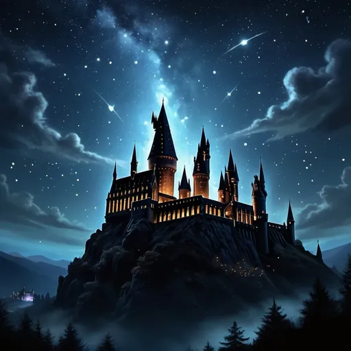 Prompt: A dark starry night with castle silhouette in Harry Potter style
