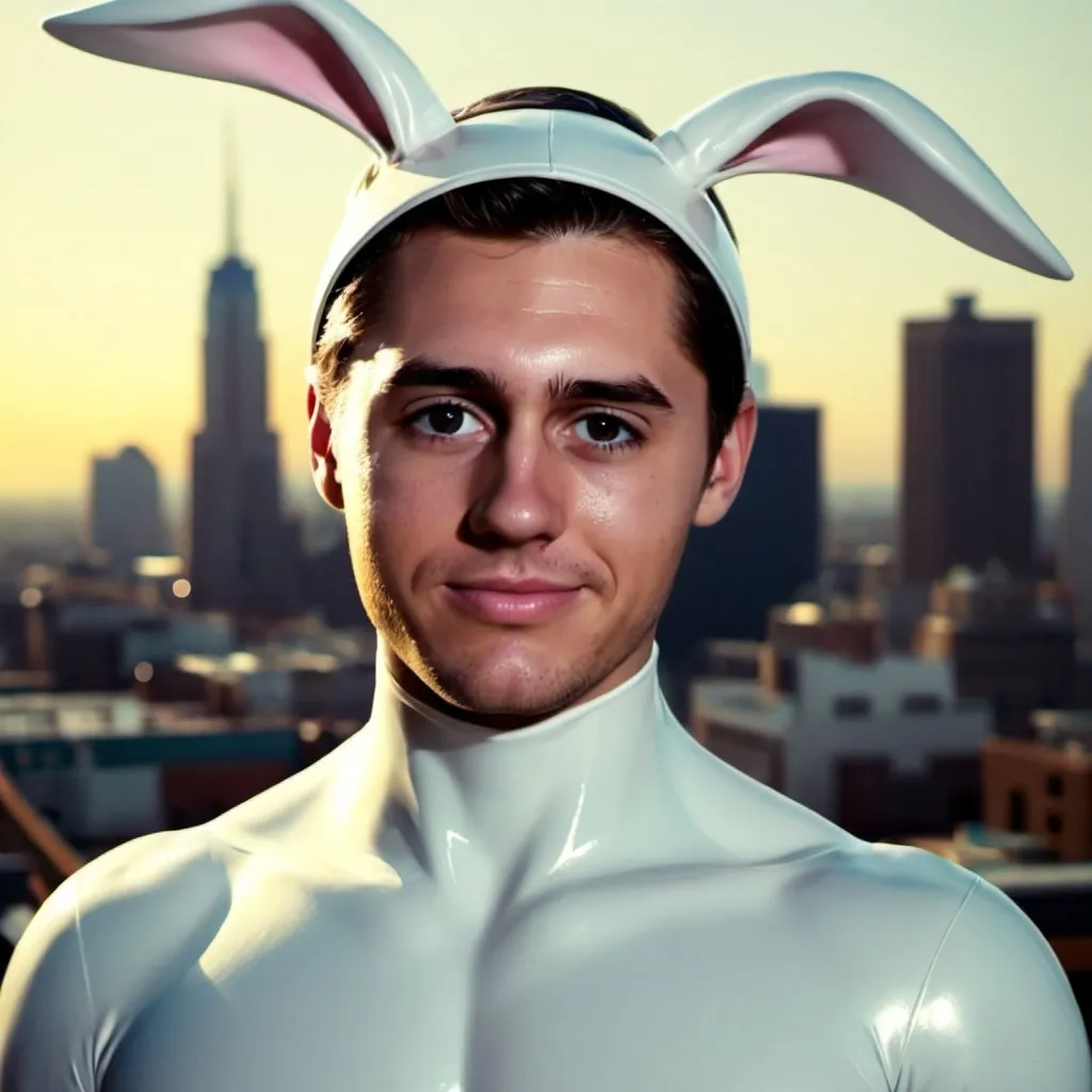 Prompt: Portrait, Isaak Presley, white latex superhero suit, white rabbit ears, hyper-realism. City background