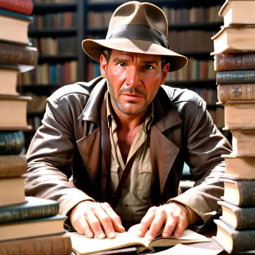 Prompt: Indiana Jones is sitting at his desk, completely covered in books.