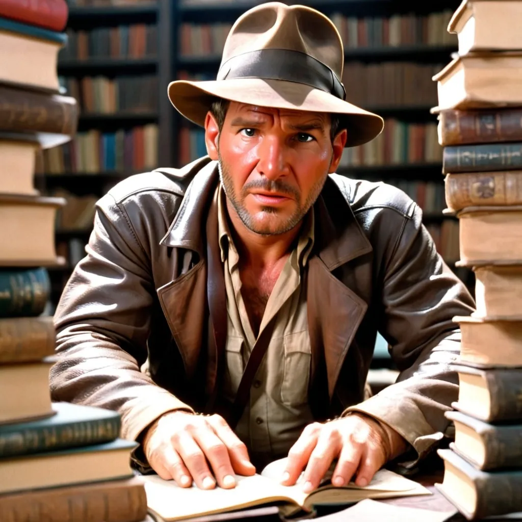 Prompt: Indiana Jones is sitting at his desk, completely covered in books.