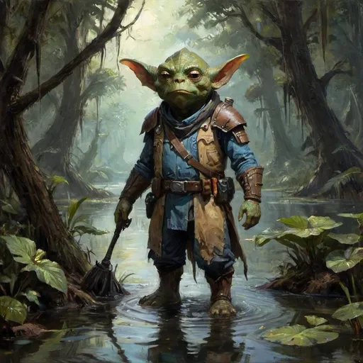 Prompt: A cunning Gungan adventurer standing in a shadowy swamp, exuding a mix of clumsiness and hidden menace. He has the lanky, amphibious appearance typical of Gungans, with long floppy ears and expressive eyes, but his smirk hints at a deeper intelligence. He’s dressed in a patchwork of leather and scavenged armor pieces, with a utility belt holding various tools, gadgets, and a booma sling. In one hand, he clutches a lucky swamp talisman, while the other holds a small device sparking with electricity, suggesting his knack for sabotage. His surroundings are misty and overgrown, with faint reflections of his form in the water. The light from a distant moon filters through the trees, casting eerie shadows that enhance his mysterious and chaotic aura."
