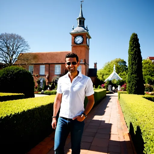 Prompt: This photograph captures a smiling man in his mid-30s standing on a red-brick path in a well-manicured garden, with his arms outstretched in a welcoming gesture. He has short, dark hair and is wearing dark sunglasses, a white button-up shirt with the sleeves rolled up, and a light-colored jacket with black straps. His blue jeans are slightly loose. In the background, there is a large, ornate yellow clock tower with a domed top, set against a clear blue sky. To the left of the clock tower is a white building with multiple arched windows and a row of small statues on the roofline. The garden is neatly trimmed with green and red bushes, and a few people can be seen in the background, some walking and others sitting. A person in a bright blue outfit is visible to the right of the man. The overall scene is bright and sunny, with soft shadows indicating midday light. The photograph has a lively, cheerful atmosphere, highlighting the man's joyful expression and the picturesque setting of the garden and buildings.