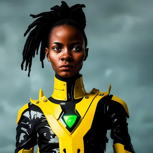 Prompt: a young, tall, brave African light-skinned female warrior wearing modern chic stylish garb in black, yellow, green, and blue. She is wielding a modern, technologically advanced spear and shield against a rainy, futuristic background.