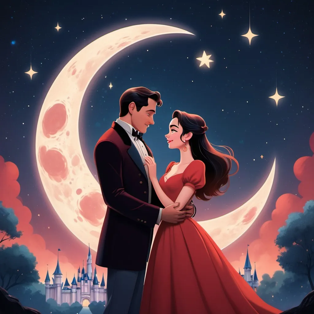 Prompt: a couple in a red dress standing next to each other in front of a moon and stars sky with the words, myopm, disney, romanticism, promotional image, poster art