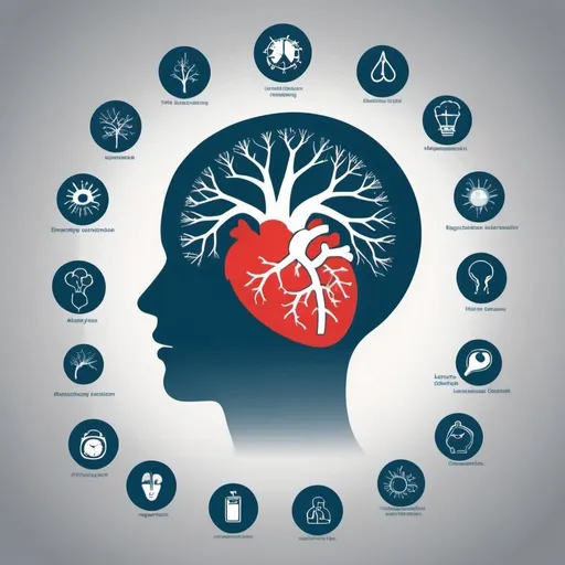 Prompt: Imagine an atmospheric scene with visible haze or smog, symbolizing polluted air. Overlay this with silhouettes or icons representing various body systems such as the respiratory system (lungs), cardiovascular system (heart), and brain. These icons could show signs of distress or damage, such as coughing for the respiratory system, a strained heart for cardiovascular health, and a clouded brain for cognitive impacts. Additionally, include elements that symbolize factors influencing the severity of these impacts, like a clock for exposure duration, health status indicators (like a weakened immune symbol), age representation (young and elderly icons), and risk factors (symbolized by caution signs or hazard symbols). This visual representation would convey how air pollution affects different body systems and is influenced by various factors.