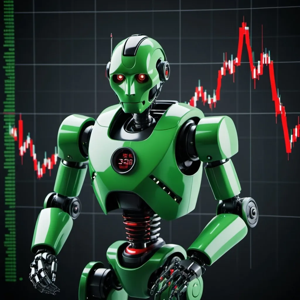 Prompt: robot black, green and red and  stock market