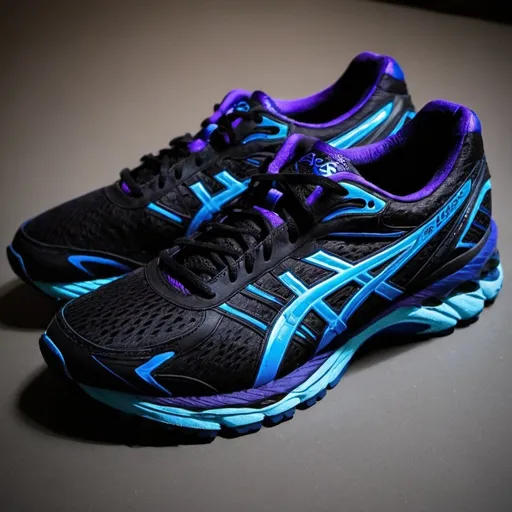 Prompt: asics black and saturated blue with hints of purple (mostly black and blue)