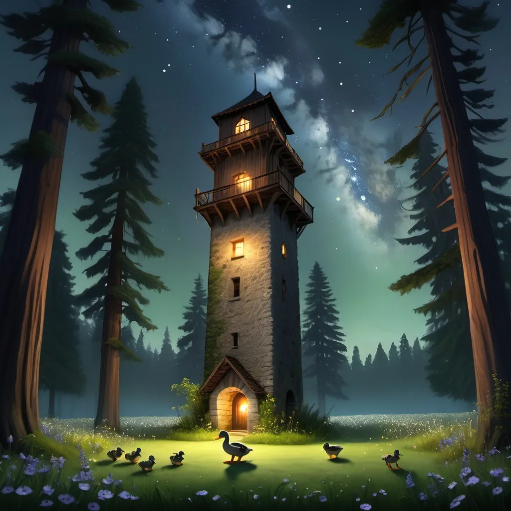 Prompt: It's night. In the center a baby gray duck not yet able to fly is falling from a very high stone tower. At the base of the tower there is a green flowery meadow. On both sides there is a dense Redwood forest. Among the trunks in the dark you can see thousands of fireflies. The scene is  illuminated by the moonlight that is just behind the top of the tower.