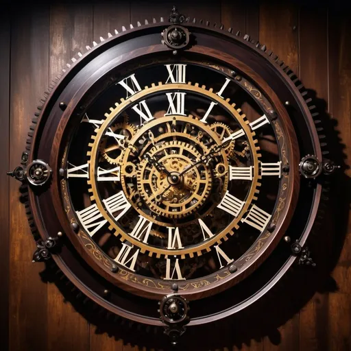 Prompt: Gigantic ebony clock on a wall, intricate golden details, antique steampunk style, dramatic shadows, high contrast, detailed gears and cogs, vintage atmosphere, rich mahogany backdrop, moody lighting, high quality, steampunk, antique, dramatic, detailed, rich tones, intricate design, vintage, atmospheric lighting