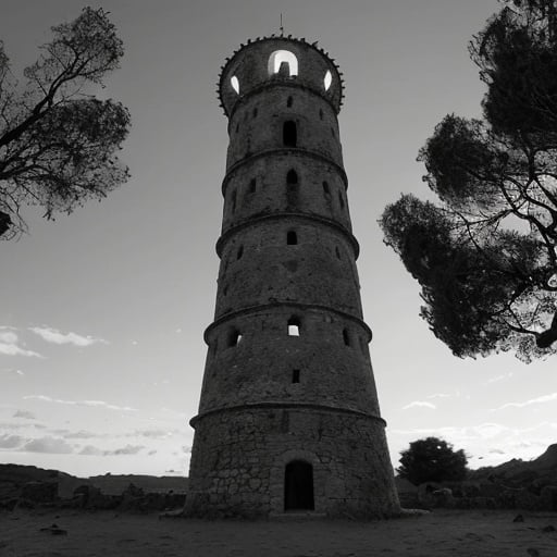 Prompt: una altisima torre antigua de vigilancia que no posee paredes sino 4 pilares, todo muy tetrico oscuro, pero esta torre es enormemente alta y grande, se puede apreciar que los arboles parecen pequeños a su lado