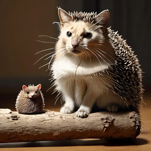 Prompt: a cat sitting with a hedgehog on a log