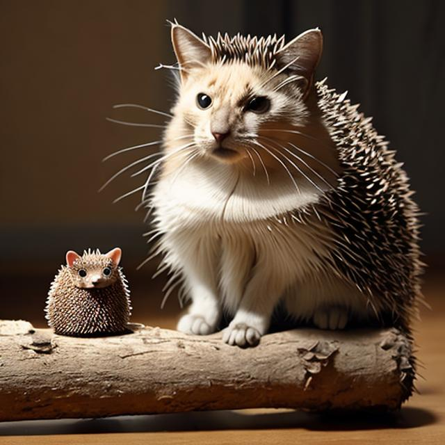 Prompt: a cat sitting with a hedgehog on a log