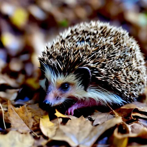 Prompt: hedgehog in pile of leaves
