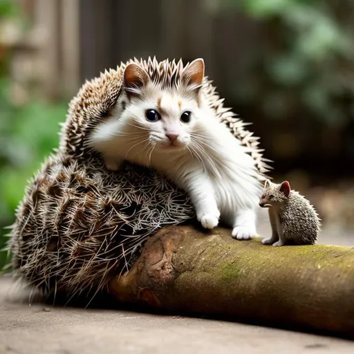 Prompt: a cat sitting with a hedgehog on a log