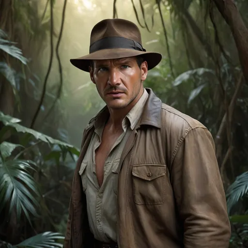Prompt: hyper realistic scene: In an ancient, mythic jungle, bathed in perpetual twilight, a stunning tanned skinned Indiana Jones looking rough man, his gaze fixed on the camera with an otherworldly intensity.  His hair is rough under his hat, his shirt and jacket is tared. He is contrasting sharply with the surrounding dense foliage. 